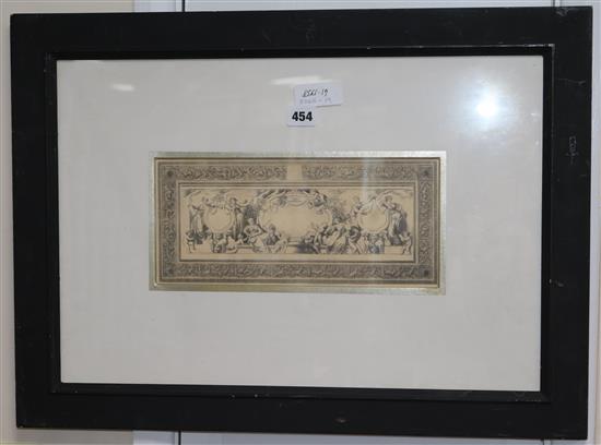 An old masters style pencil study of a classical relief and a coloured etching of Strasbourg 14 x 31cm